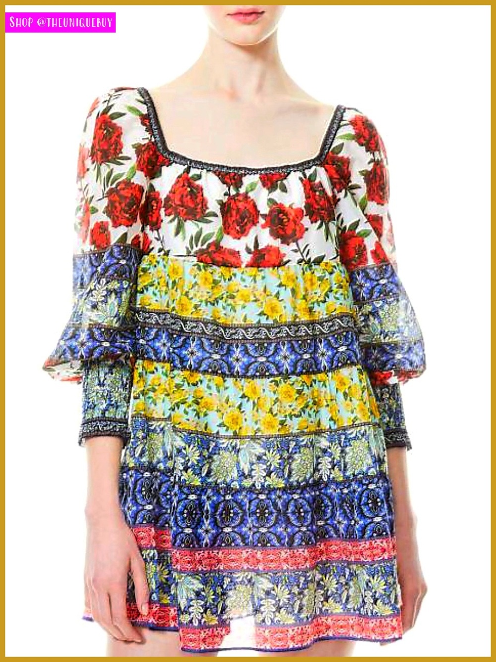 Alice + Olivia Rowen Floral Tiered Square Neck Mini Cocktail Dress